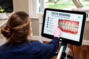 Lane dentistry reviewing signs of teeth grinding with a patient using a digital dental scan