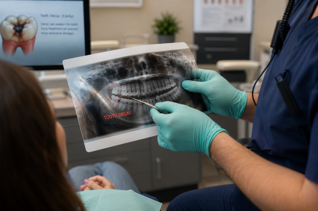 Dentist discussing how to restore damaged teeth