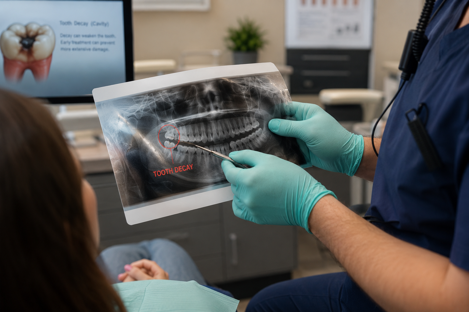 Dentist discussing how to restore damaged teeth